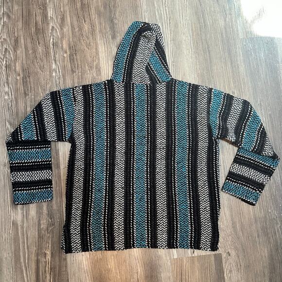 Baja Joe Baja Hoodie Mens Size XL Black Blue Striped Hippie Pullover Rug Poncho - Picture 8 of 8